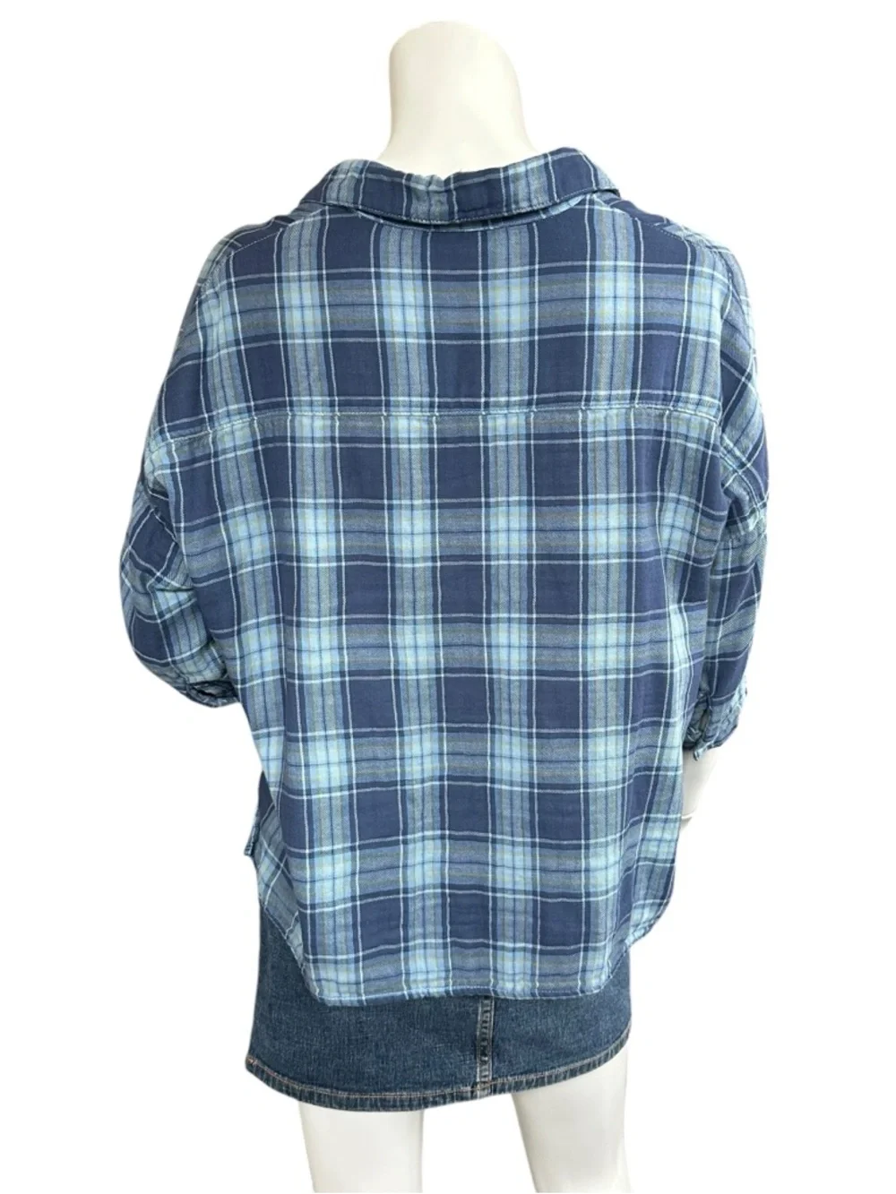 CP Shades Blue Yellow Plaid Cropped Boxy Drop Shoulder Cotton Button Down Top S - Picture 5 of 8
